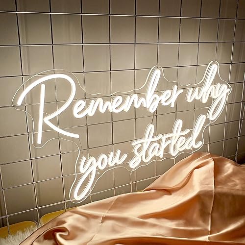 Miniatura 5 de Letrero de neón con texto en inglés "Remember why you started neón", luz LED de neón blanca cálida para decoración de pared, letrero iluminado para