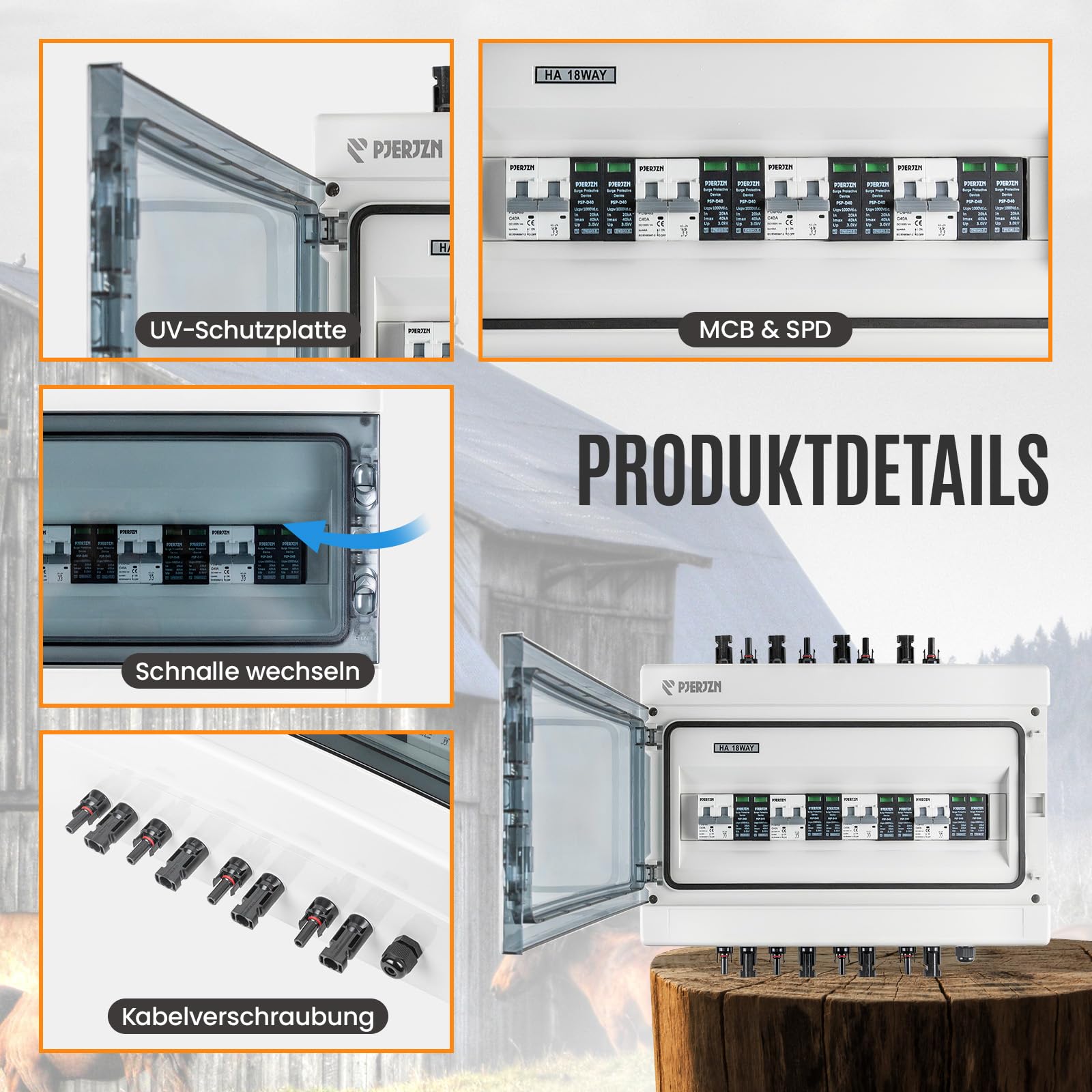 Solar Kombigerät (1-in-1-Out/2-in-2-Out/4-in-4-Out) mit 1000V DC 40A LS-Schalter & 20-40KA SPD, IP65 Wasserdichtes Gehäuse (PC+ABS) für Wohnmobile/Dach/Inselanlagen (4-in-4-Out)