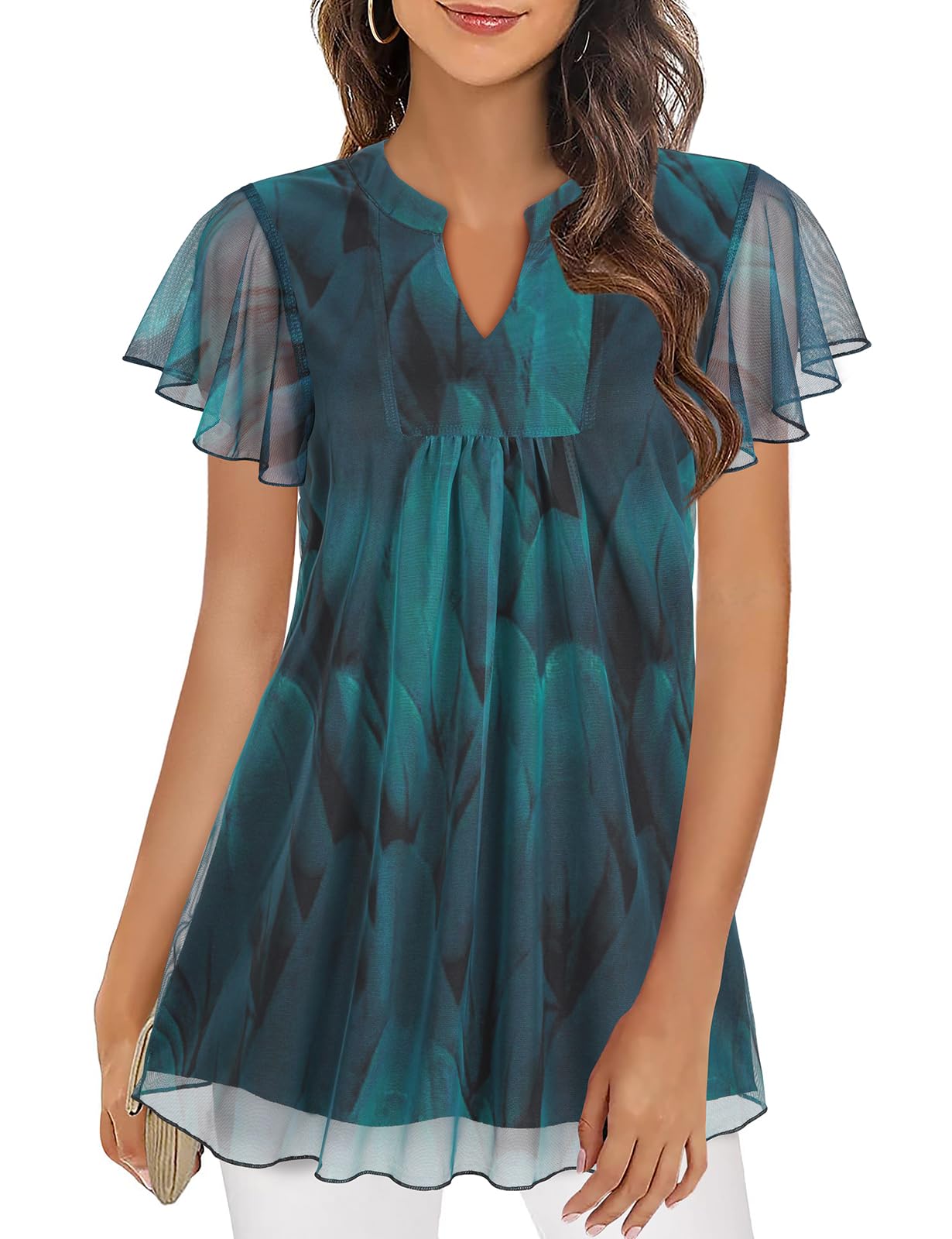 Syphiby Blusas de manga 3/4 para mujer, blusas de gasa casuales florales y manga con volantes, cuello redondo, camisas de malla de doble capa, ropa de verano