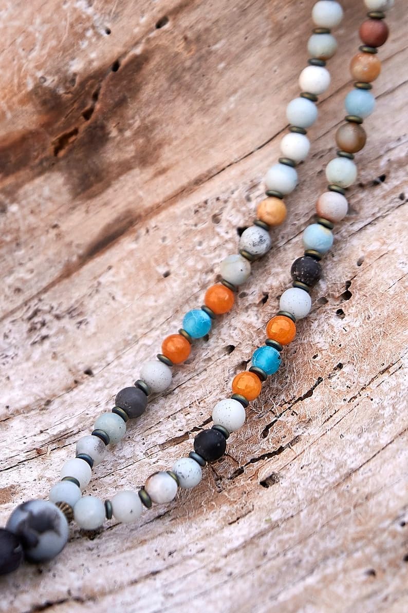 Naturalny amazonit + jadeit + hematyt 6 mm 108 koralików mala, duchowe, koraliki do medytacji, Reiki, Japa Mala, buddyjskie koraliki modlitewne, bransoletka do jogi, koraliki lecznicze