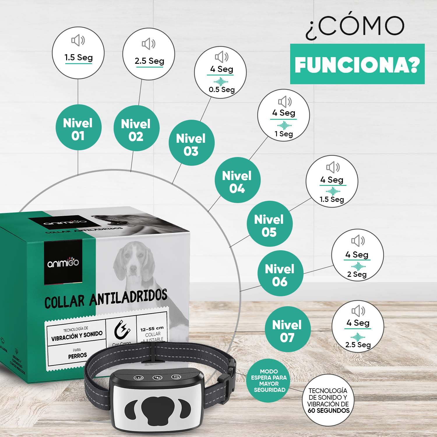 Collar Antiladridos para Perros Automático Sin Descarga con Correa Ajustable 12-55cm - con 7 Niveles de Vibración y Sonido para Adiestramiento, Recargable con USB, Pantalla LED y Resistente al Agua