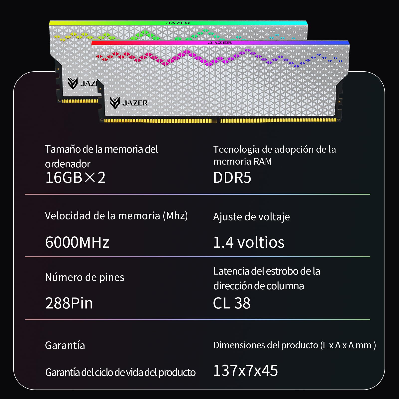 JAZER DDR5 RGB RAM 32GB Kit (2X16GB) 6000MT/s CL38 UDIMM 288-pin, XMP 3.0/EXP0 32GB DDR5 Desktop Gaming Memoria