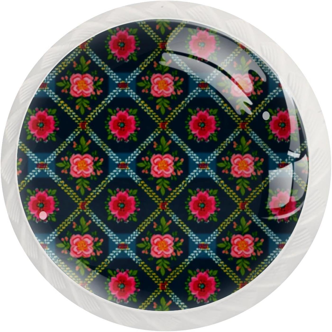 Black Plaid Pattern Retro Flower (1) Pattern Drawer Knobs, Decorative Cabinet Hardware for Bathroom Cabinet, Sturdy Glass Knobs with Screws