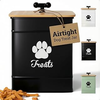 HBDesignCo Airtight Dog Treat Jar - 12 Cup Iron Canister, 8x6 Inch Kitchen Counter Pet Treat Container with Bamboo Lid