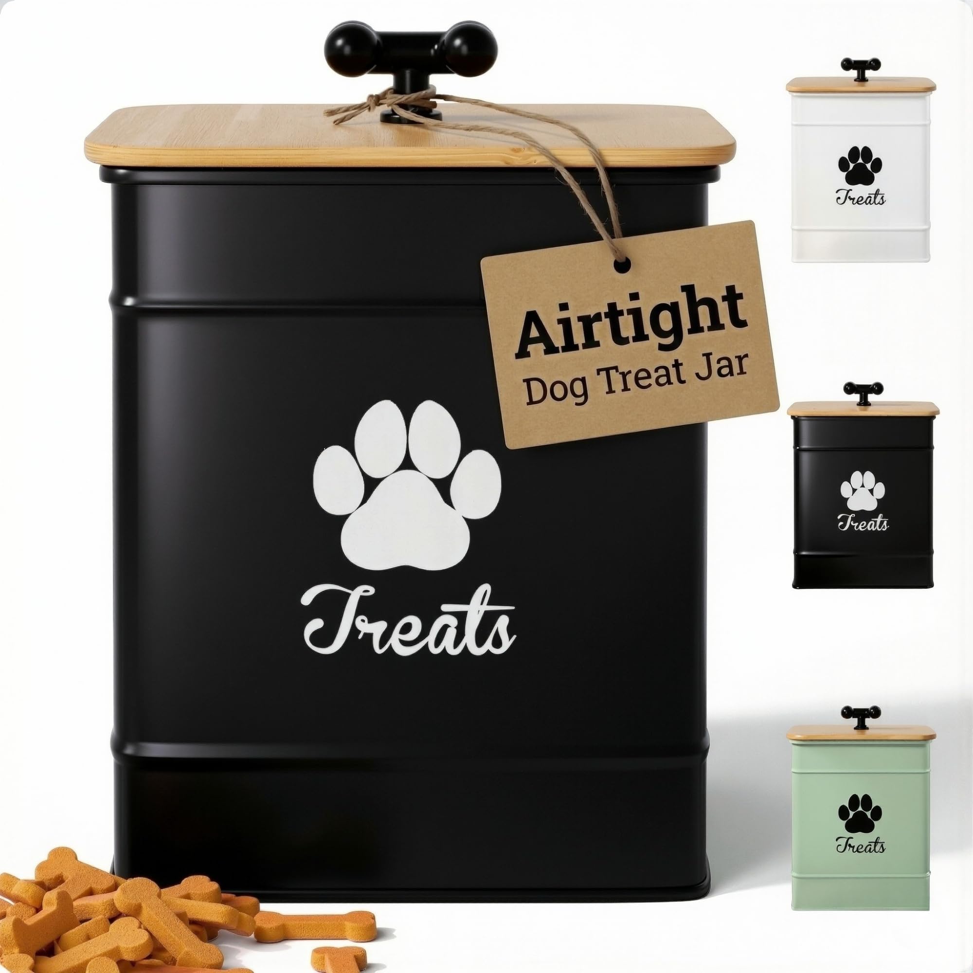 Dog Treat Container Airtight - 6"W x 8"H Iron & Bamboo Dog Treat Jar for Kitchen Counter - Large Dog Treat Jar With Lid - Black Dog Treat Canister Airtight - Large Dog Cookie Jar - Pet Treat Container — image 1