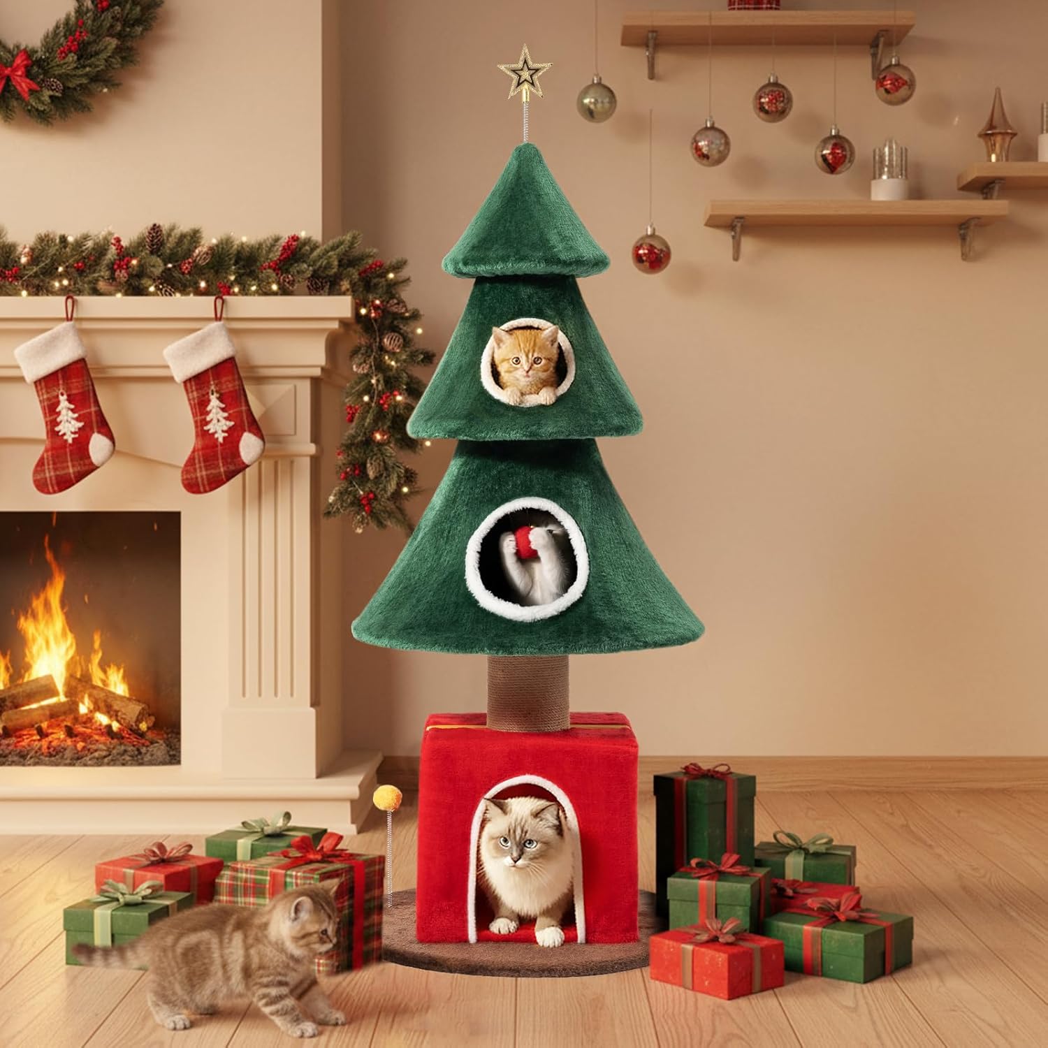 60″ Christmas Cat Tree with 3 Cat Houses, Cat Furniture with Interactive Toy for Christmas Decoration (Large)