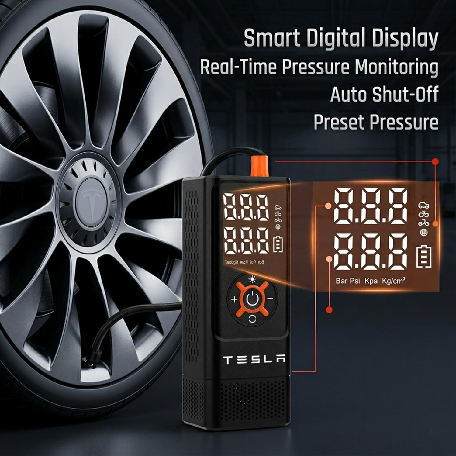 Portable Tire Inflator Air Compressor for Tesla Model 3/Y/S/X, 150PSI Cordless Smart Air Pump, Digital Pressure Gauge & Auto Shut-Off, Led Light, Essential Tesla Accessories