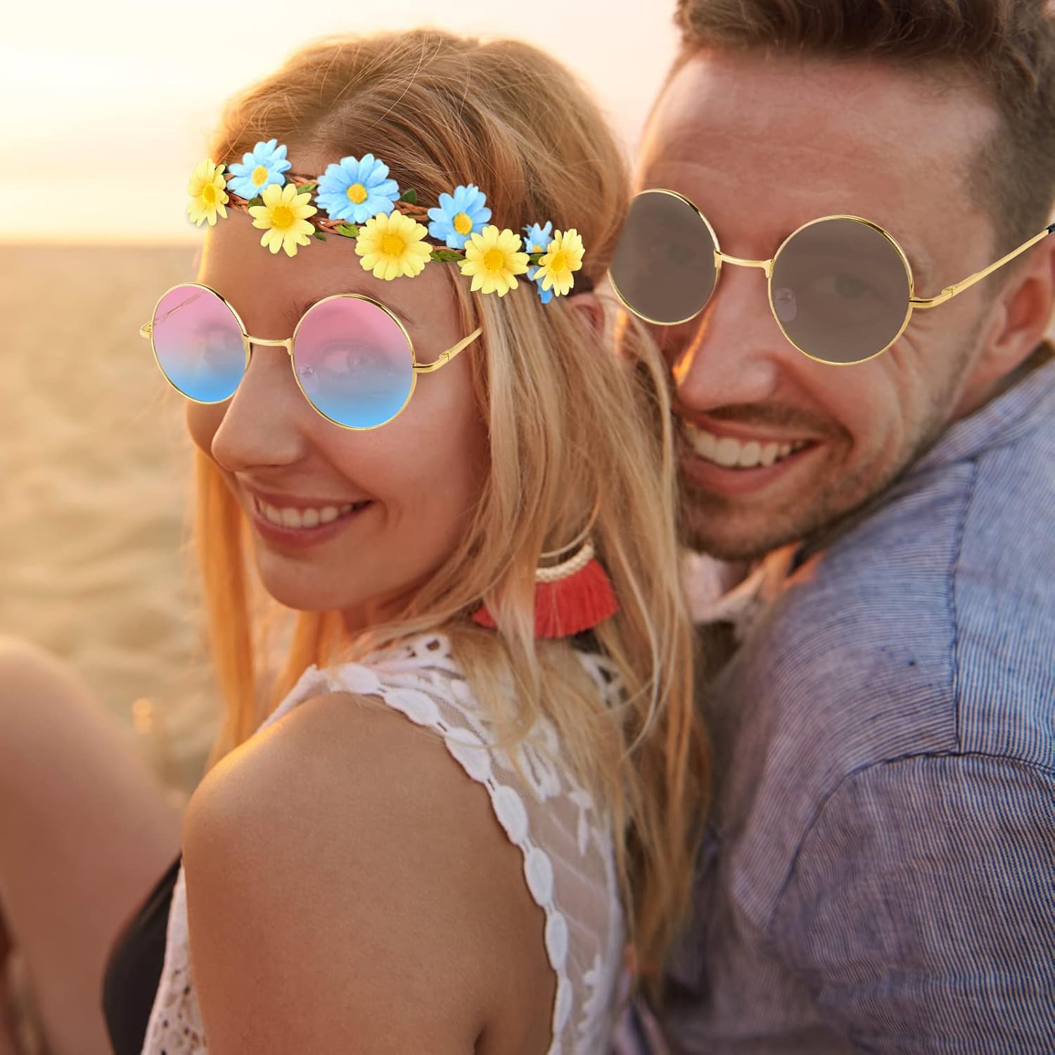 TUPARKA 60PCS Hippie Glasses Headband Costume Accessory Set Includes Multicolor Daisy Flower Headbands， Round Hippie Sunglasses and Peace Sign Necklaces for Hippie Party Supplies for Festival Party - Image 6