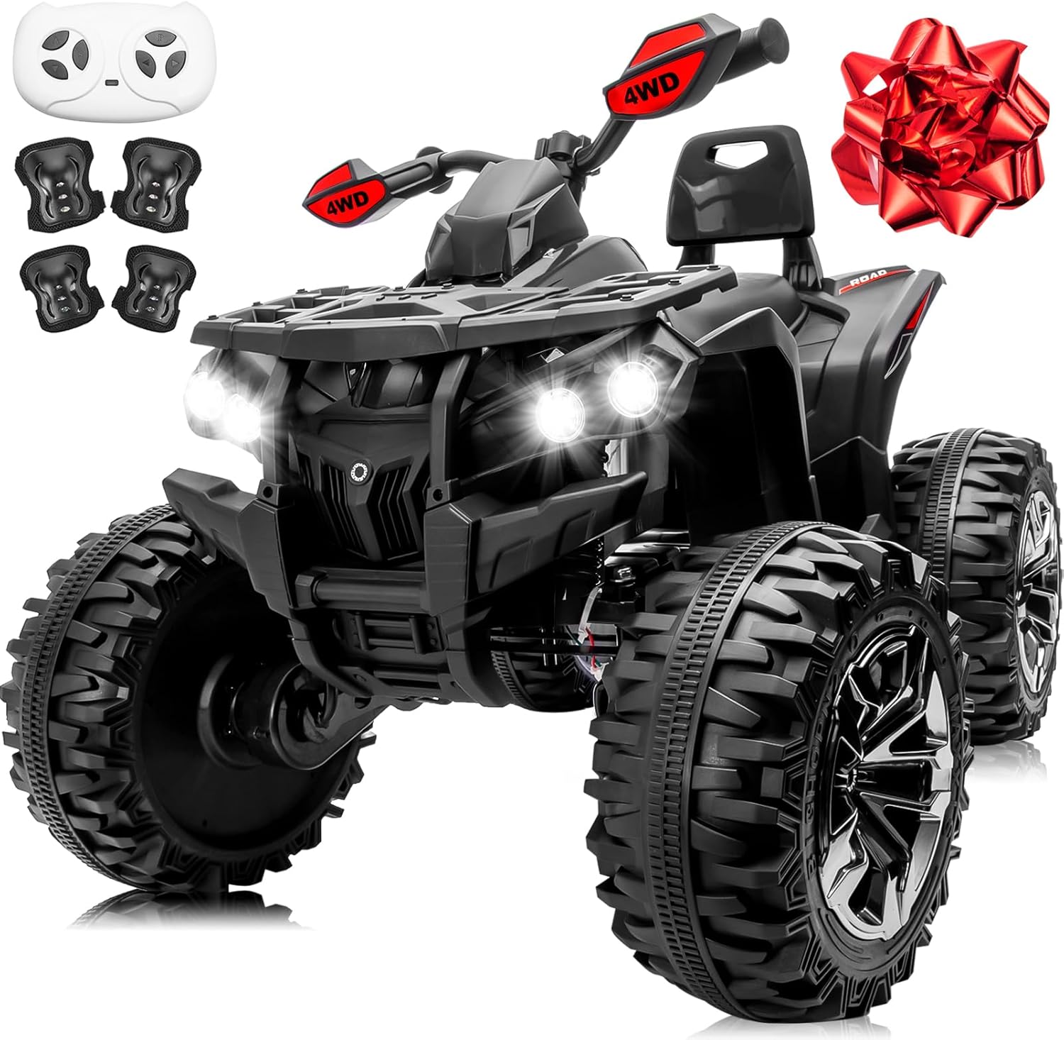 24V 4 Wheeler for Big Kids, 4x4Kids ATV w/800W Powerful Engines, 9AH Electric Four Wheeler w/Remote Control, Gift Bow, Kneepads, Bluetooth, USB, 2 Seater Ride On Toys Car for Kids, Black