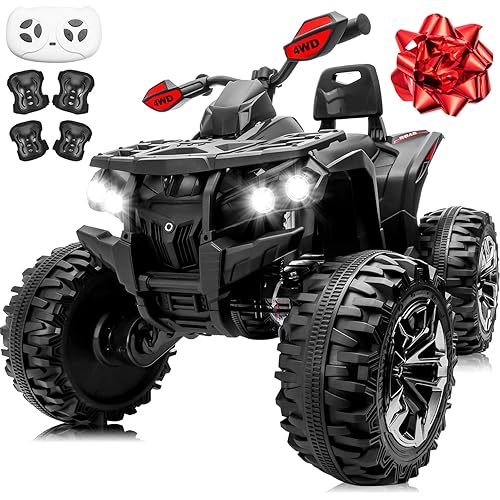 24V 4 Wheeler for Big Kids, 4x4Kids ATV w/800W Powerful Engines, 9AH Electric Four Wheeler w/Remote Control, Gift Bow, Kneepads, Bluetooth, USB, 2 Seater Ride On Toys Car for Kids, Black