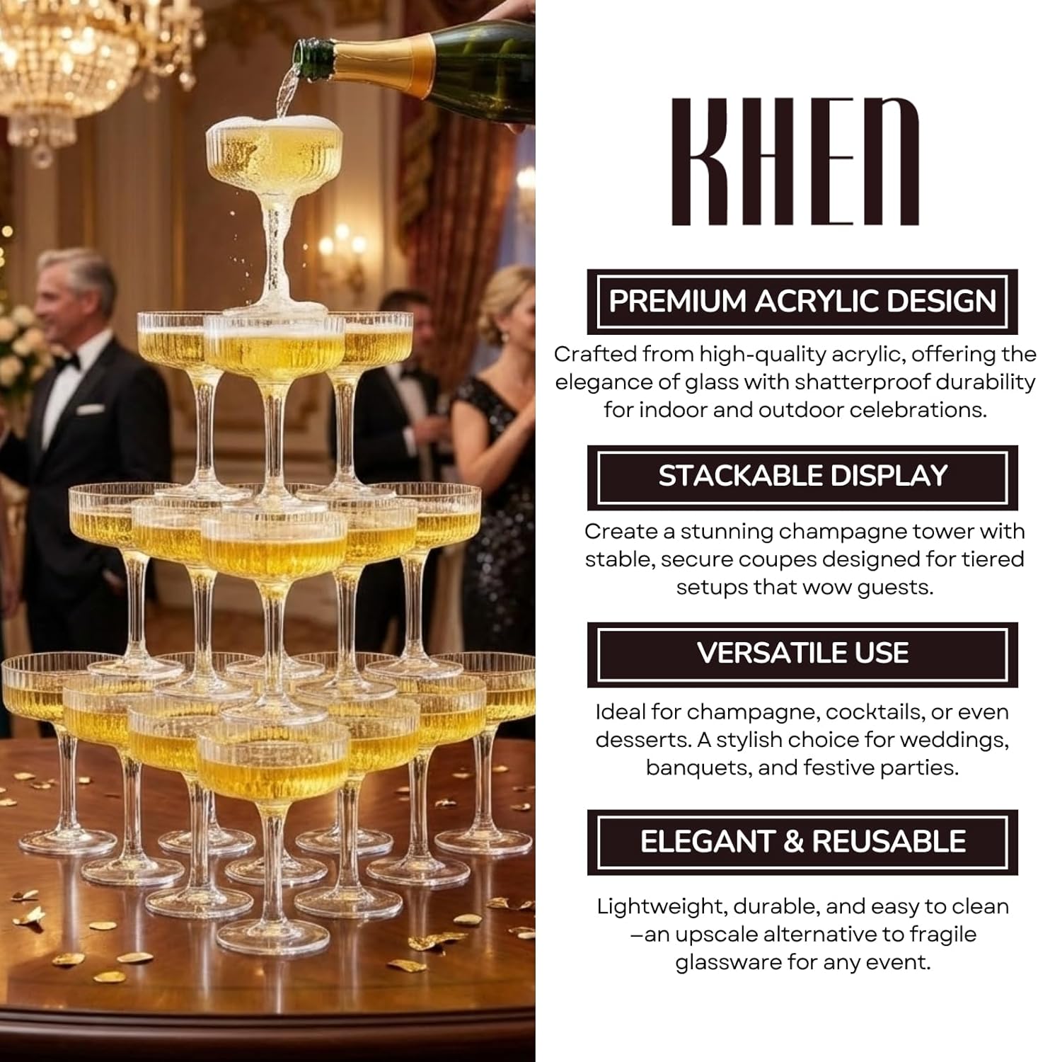 Premium ACRYLIC Champagne Tower Kit | 20 Stackable 7 oz Plastic Coupe Flutes | Reusable & Shatterproof Clear Plastic Glasses for Wedding Receptions, Birthday Parties, and Special Events, Clear Tall