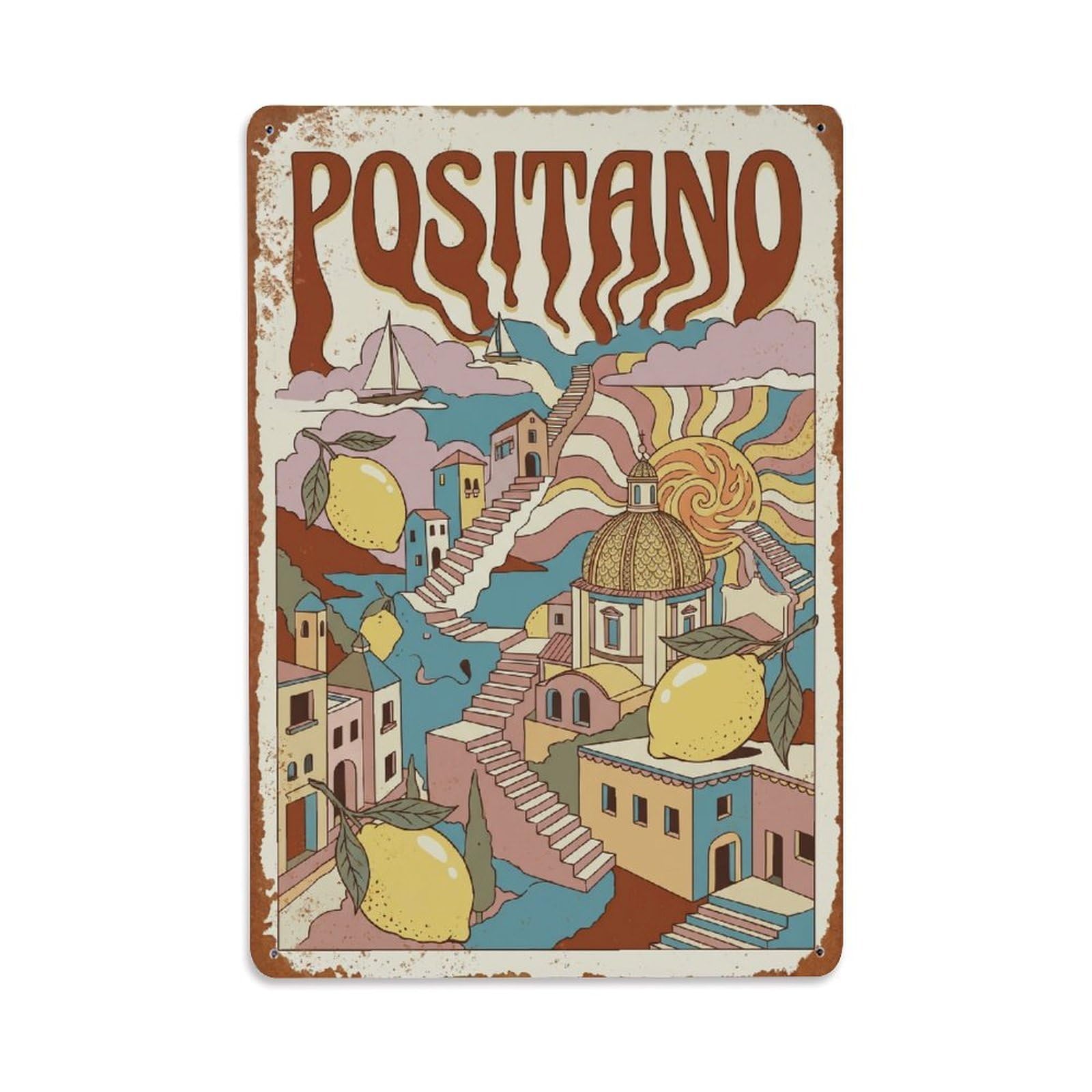 Vintage Travel Positano Italy Umber Metal Tin Sign