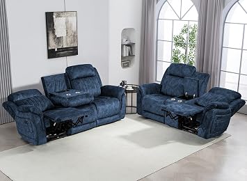 Zero Gravity Reclining Sofa Set, Power Recliner Living Room Set with Adjustable Headrest, Power Reclining Sofa and Loveseat Set with USB Port/Console/Cup Holders for Living Room Blue
