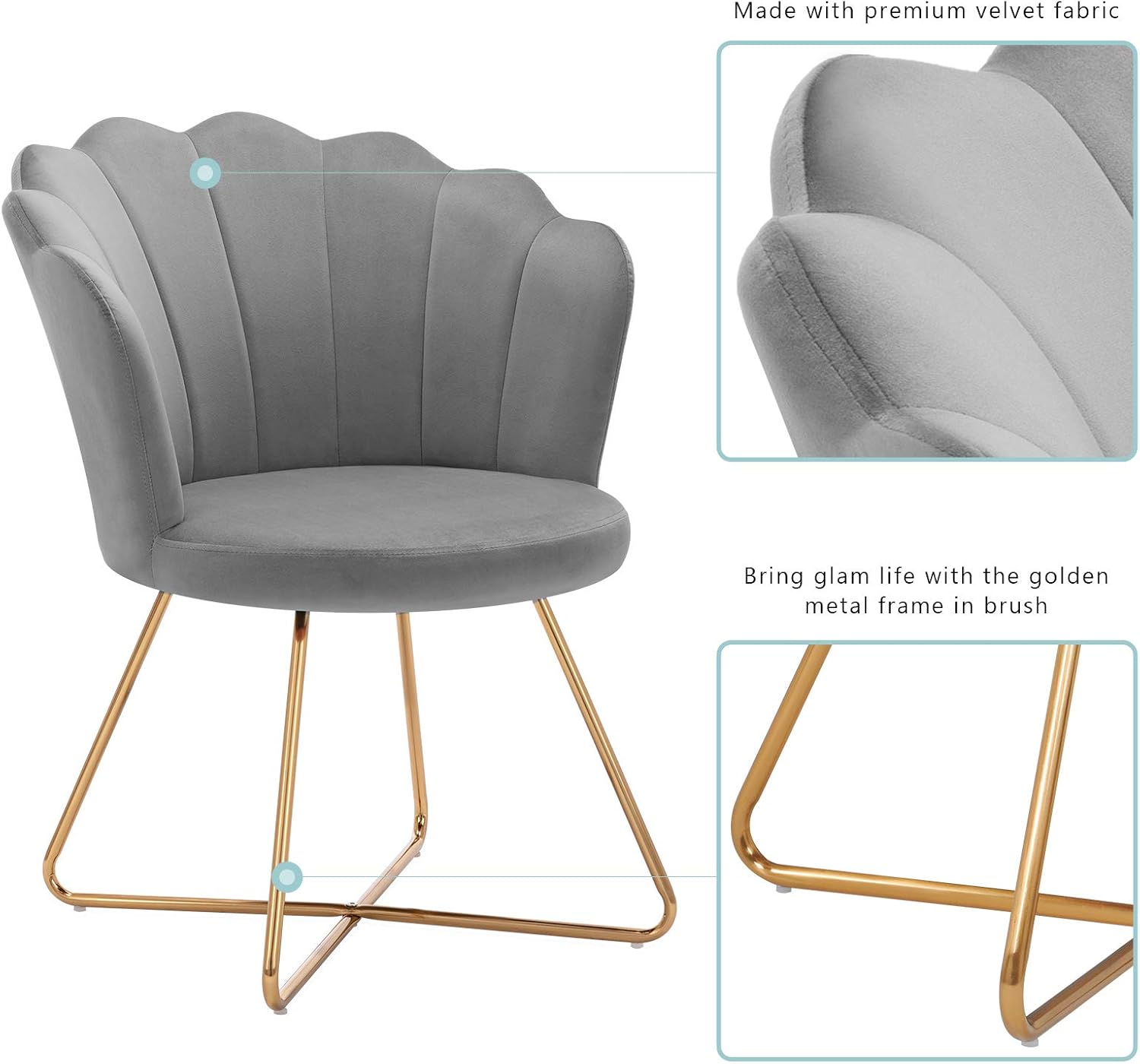 DUHOME Velvet Accent Chair Living Room Chair，Corner Chair Reception Chair for Bedroom Living Room, Shell Shaped Living Room Chair with Golden Metal Legs, Grey
