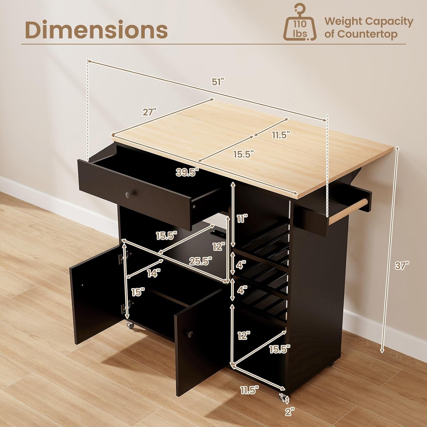 Giantex Rolling Kitchen Island Cart with Drop Leaf, Power Outlet, Spice Rack, 12 Wine Rack, Glass Holder, Drawer, Storage Cabinet, Towel Rack, Island Table for Breakfast Coffee Bar (Black & Natural)