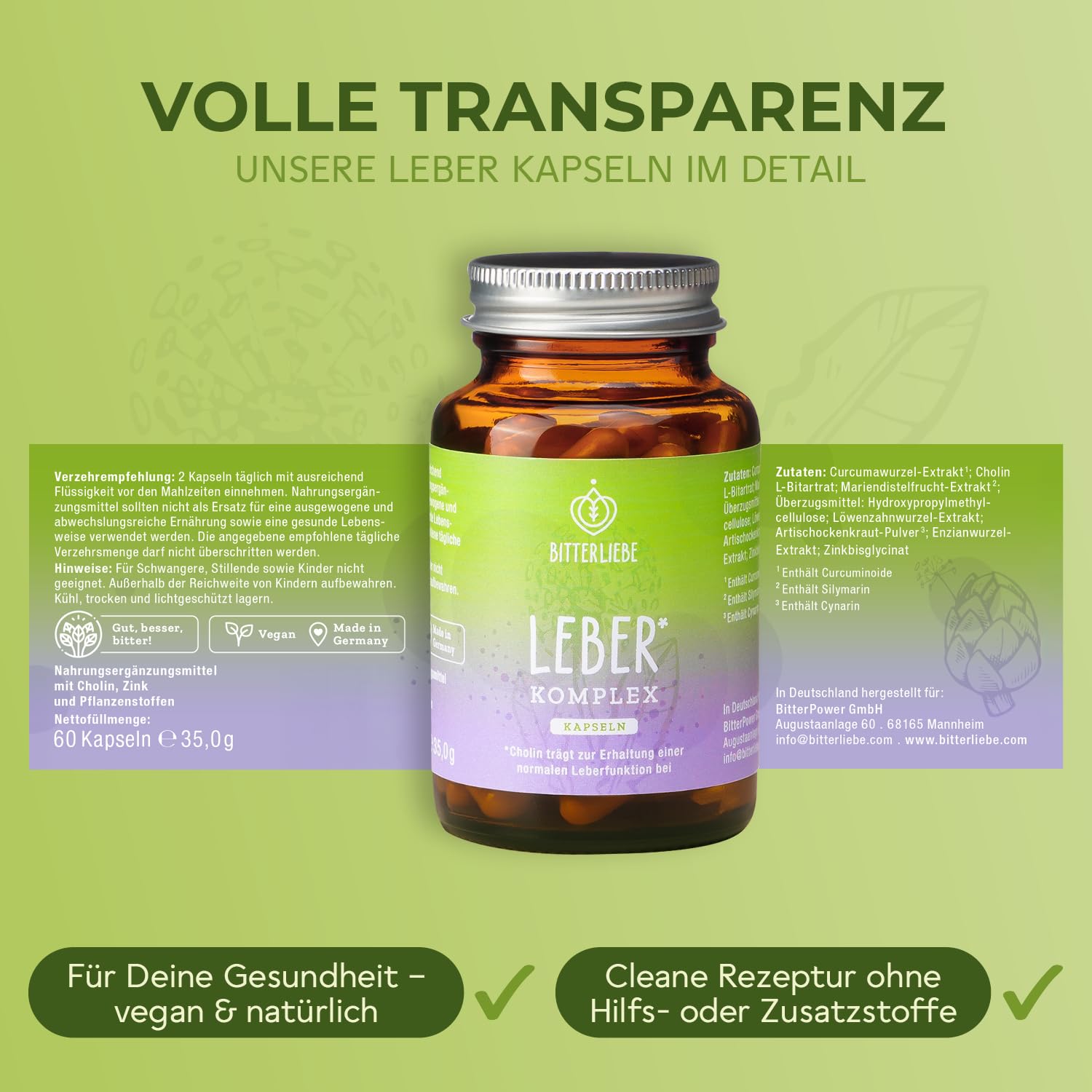 BitteLiebe - Leber Komplex mit Artischocke, Löwenzahn, Mariendistel und Cholin - Leber Kur hochdosiert mit Silymarin - entgiften Testsieger, vegan & Made in Germany (1)