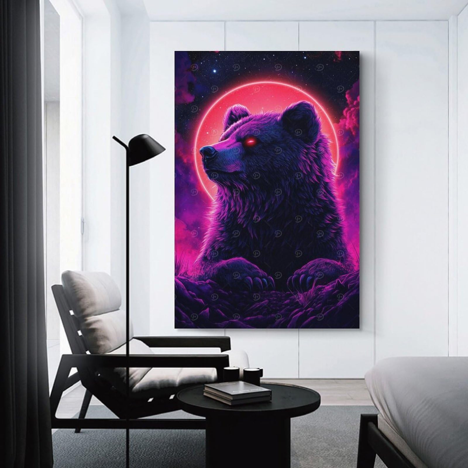 Junmoney Neon Bear Under Red Moon Canvas Art Print, 20x30inch(50x75cm), for Living Room, Bedroom, Office Or Hallway, Decorative Artwork with Broad Appeal
