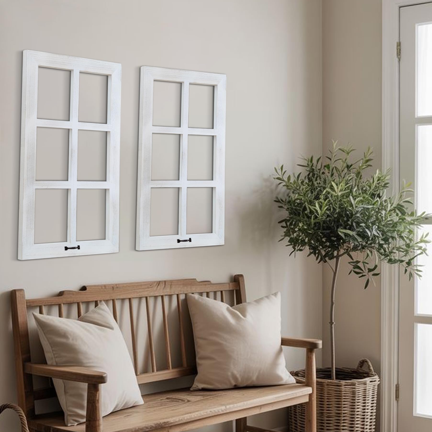 LOSOUR 24x40in Wood Window Frame Wall Art, Vintage Rustic Wall Decor, Farmhouse Windowpane Decor, Decorative Wall Sculptures for Living Room, Bedroom, Entryway, Hallway(2, White-no glass, 40"L x 24"W)