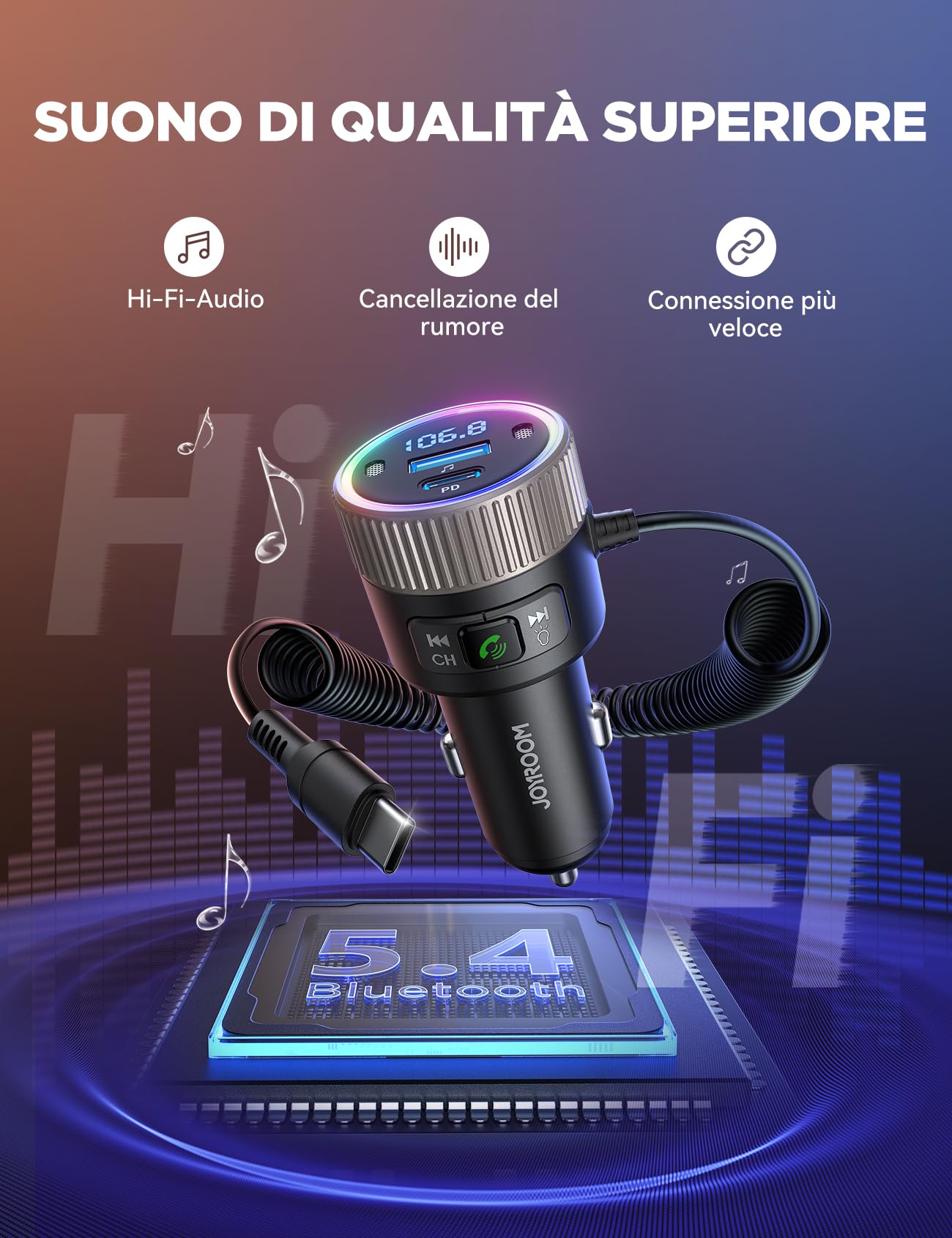 JOYROOM 2024 Ultimo Trasmettitore Bluetooth 5.4 per Auto 60W [PD 30W e Cavo a Spirale USB-C 30W] Adattatore Bluetooth Auto per Lettore Musicale Hi-Fi, Vivavoce, Doppio Microfono, Luce LED, Disco U