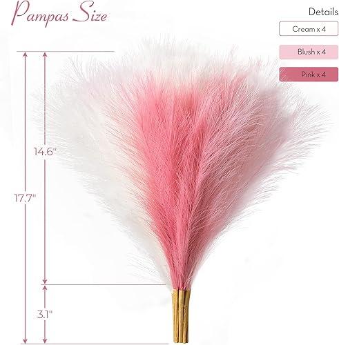 Miniatura 5 de Serwalin 12 piezas de hierba de Pampas rosa, decoración de hierba de Pampas falsa rosa de 17.7 pulgadas, hierba de Pampas artificial corta rosa
