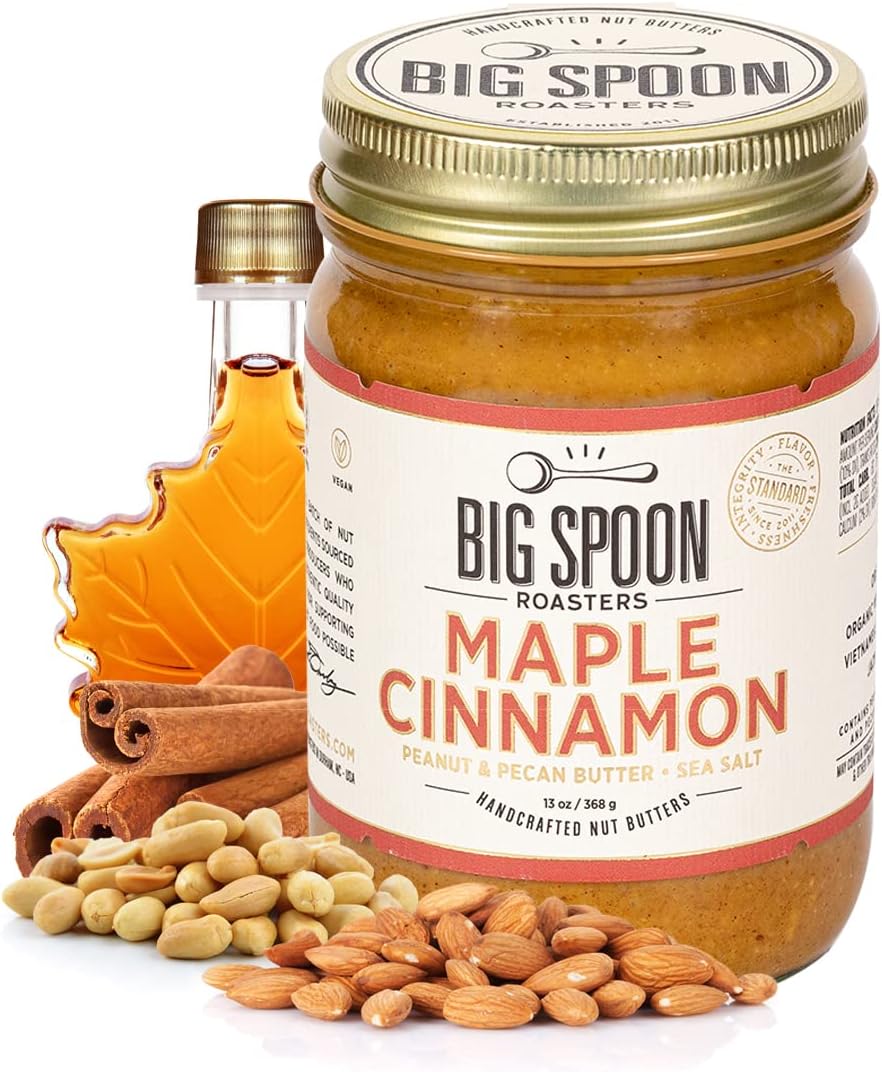 Big Spoon Roasters Maple Cinnamon Peanut & Pecan Butter - Low Sugar Peanut Butter - Creamy Peanut Butter w/Maple Syrup, Organic Peanuts & Pecans - Keto, Vegan, Palm Free Maple Nut Butter - 13 Ounces