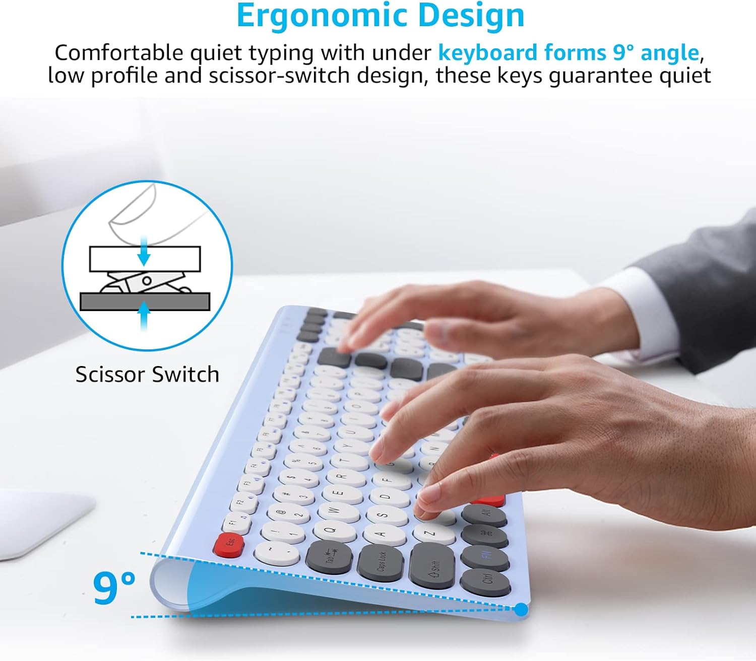 Image of the wireless mouse with indicators for 3 adjustable DPI settings (800, 1200, 1600) and quiet buttons.