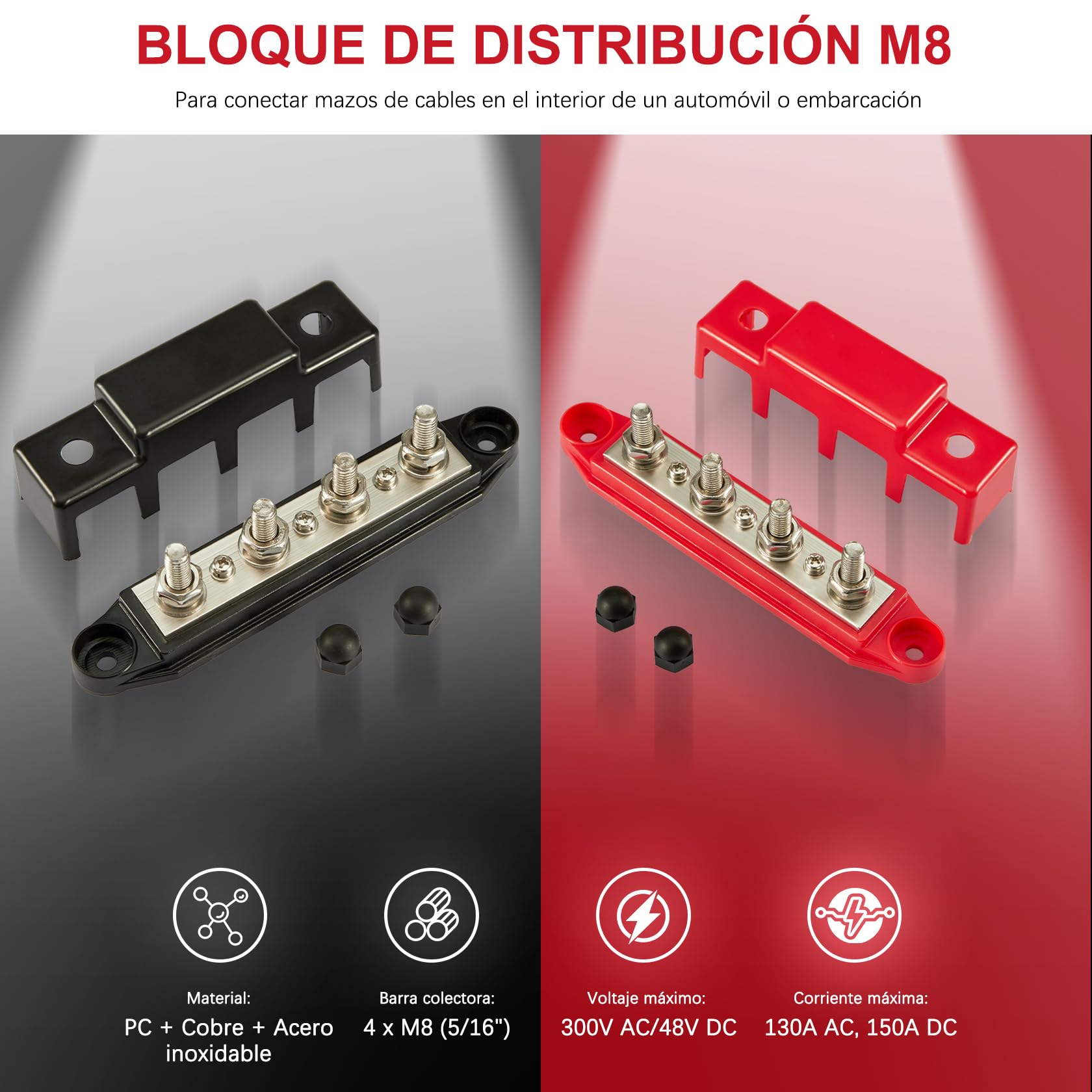 Pindex Bloque Colector M8 250 A CC 12 V-48 V Con 4 Pernos de Terminales M8, Bloque de Distribución de Corriente M8, Barra Colectora de 12 V para Autocaravanas Barcos Yates Coche RV Camión