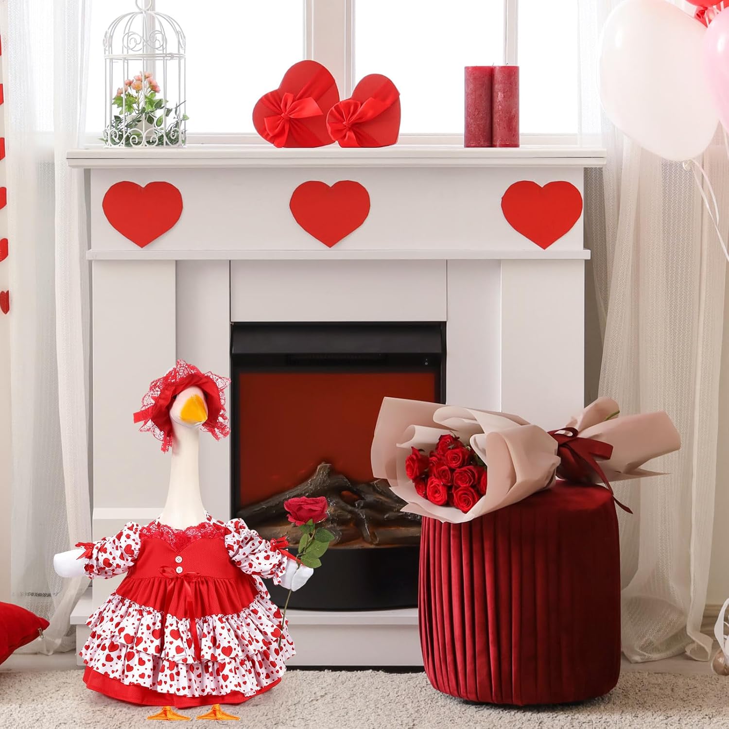 FuWeave Valentine's Day Goose Outfit Love Heart Lawn Porch Goose Clothes for 23" Statue Valentine's Day Outdoor Patio Yard Lawn Art Decoration