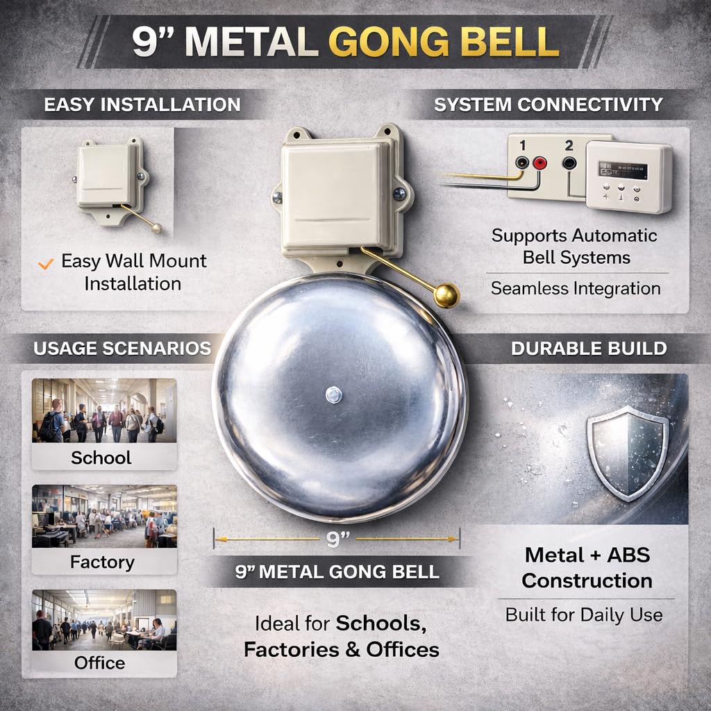 MME Industrial Electric Alarm Bell | Heavy Duty Metal Gong Bell for Factory, School, Warehouse, Office, Fire & Emergency Warning System | Loud Sound Wall Mount Electric Bell(9 Inch) 1