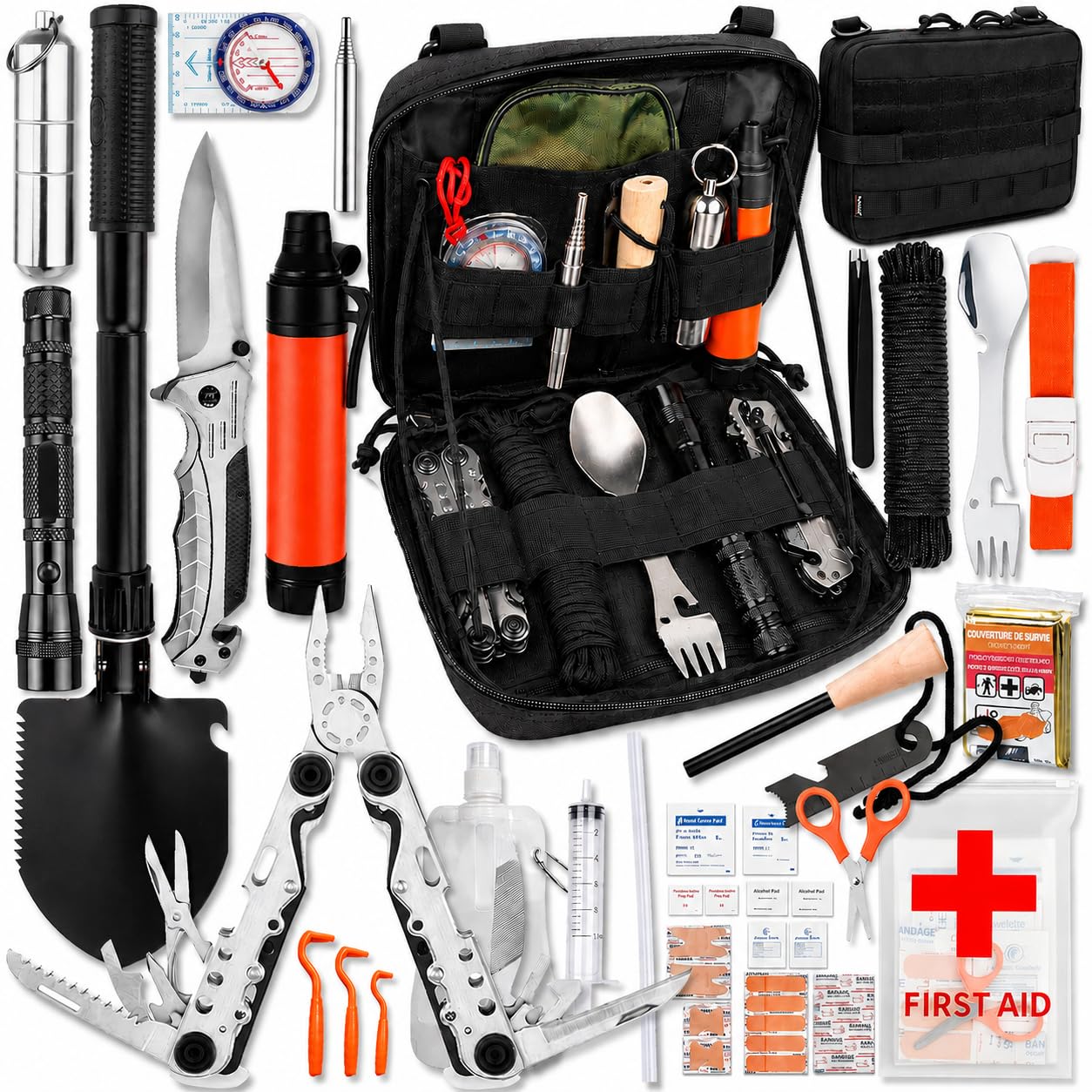 Kit de Survie Complet Francais Haute Qualité + Trousse de Secours + Paille Filtrante + Outils Multifonction + Pince Multifonction, Couverture de Survie, Kit de Survie Randonnée, Camping, Bushcraft