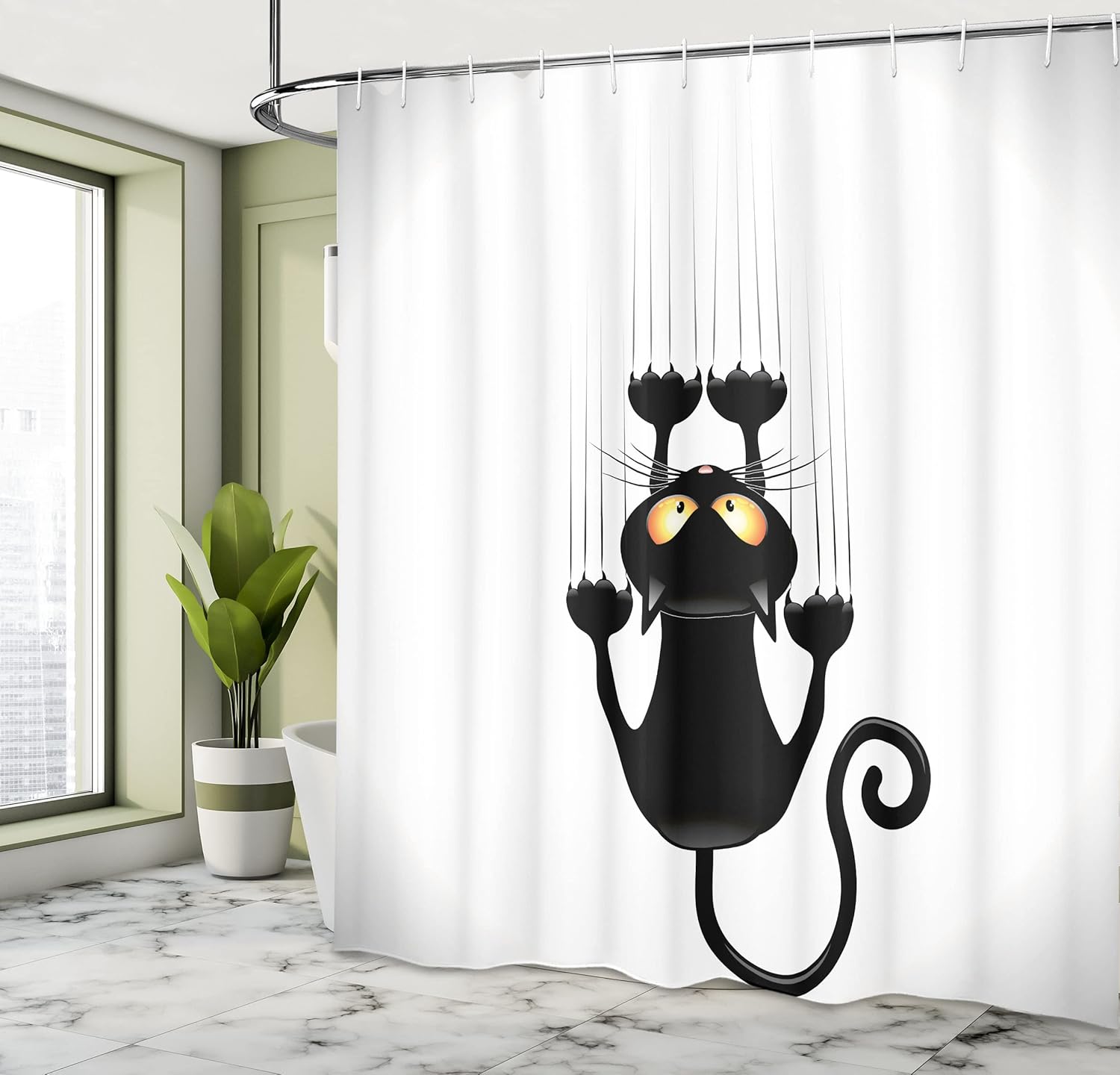 Ambesonne Funny Shower Curtain, Naughty Cat Scratching The Wall with His Paws Grumpy Feline Humorous Kitten Graphic, Cloth Fabric Bathroom Decor Set with Hooks, 69" W x 70" L, White and Black