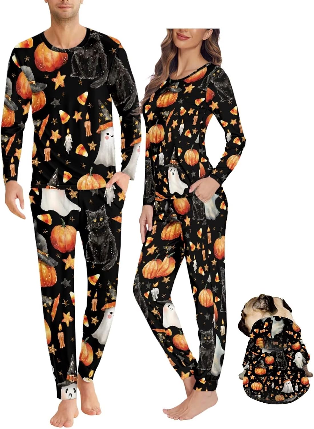 COEQINE Halloween Pajamas For Family Women Men Couples Cute Dog Costume Nightgowns For Womens Long Sleeve Pocket Lounge Sets
