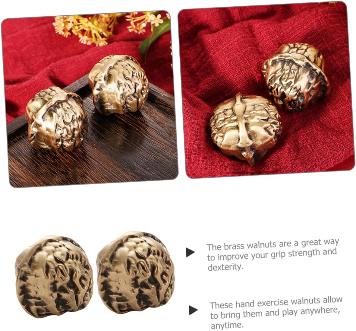 Ipetboom 1Pair Brass Hand Exercise Balls for Seniors Chinese Art Supplies Stylish Walnut Design for Grip Strengthening Portable Massage Fitness Tools for Hand Therapy