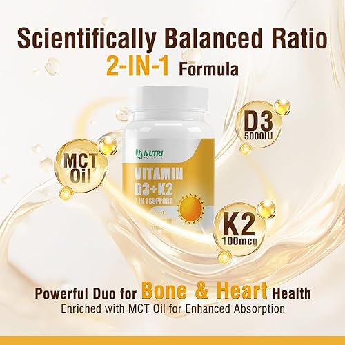 Miniatura 3 de Suplemento de vitamina D3 K2 con aceite MCT, vitamina D3 5000 UI y K2 100 mcg Softgel, suplemento de apoyo para la salud ósea y cardíaca, sin