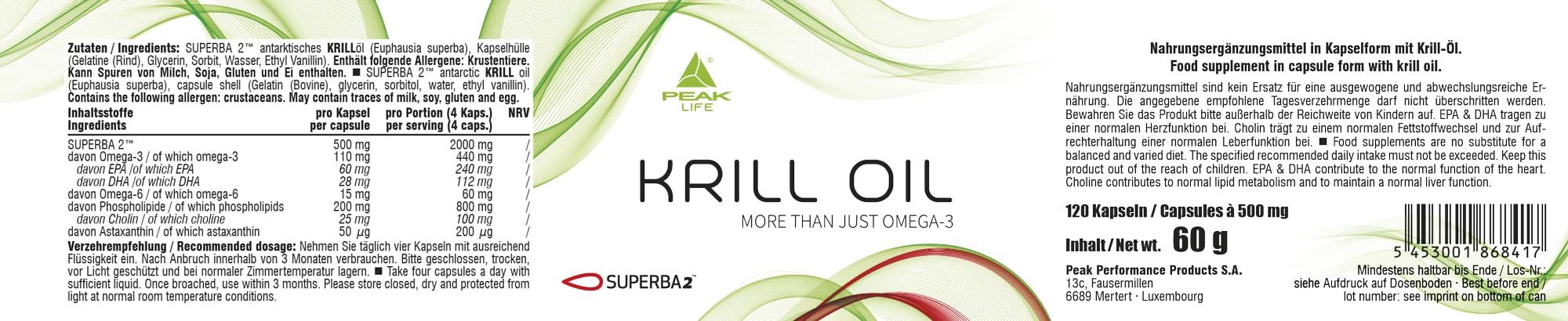PEAK Krill-Öl - 120 Kapseln I aus der Antarktis I Softgelkapseln I SUPERBA 2 I Cholin I Astaxanthin I Omega 3 I hochkonzentriertes EPA und DHA I Triglycerid (TG) - Form für gute Verfügbarkeit