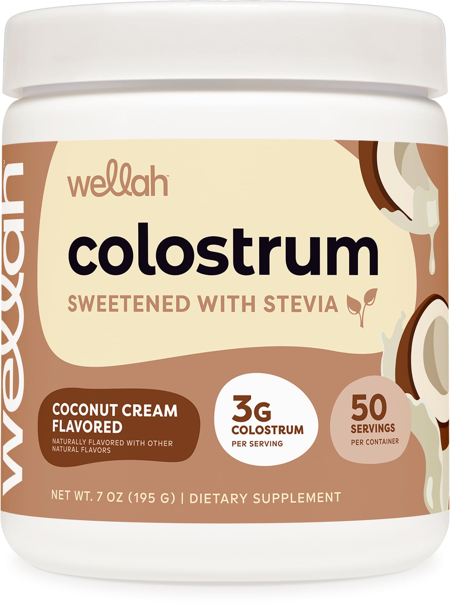 Wellah Colostrum Coconut Cream Flavored (50 Servings) - Sweetened with Stevia, 3G Colostrum Per Serving, Dietary Supplement