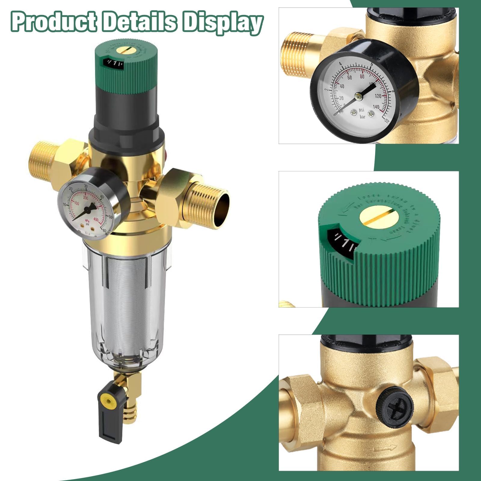 Reducteur de Pression Eau, Reducteur de Pression Avec Manometre Pression Eau Et Filtre à Mailles, RéDucteur de Pression D'Eau En pour Robinets D'Irrigation de Jardin de Chauffage au Gaz (3/4 Pouce)