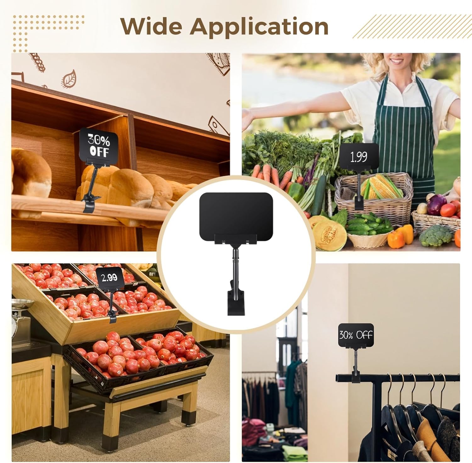 30 Pack Rotating Clip Sign Holders, Clip Holder Chalkboard Sign Price Tag Display, Erasable Black Plastic Sign Clip, with Markers & Erasers for Cafe Store