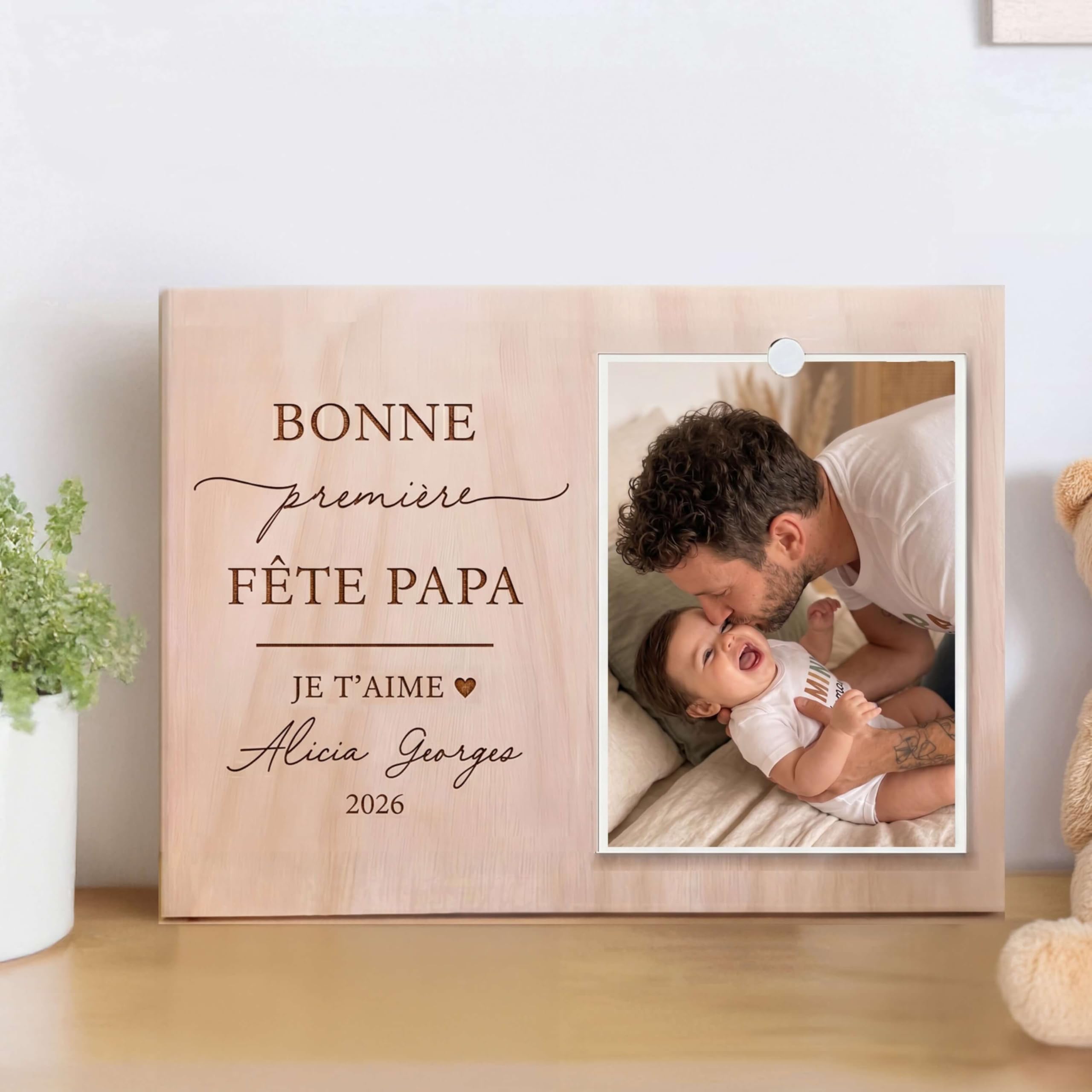 idée cadeau fête des pères personnalisé, 1ère fête des pères cadre photo gravé en bois, bonne fête papa, cadeau original futur papa