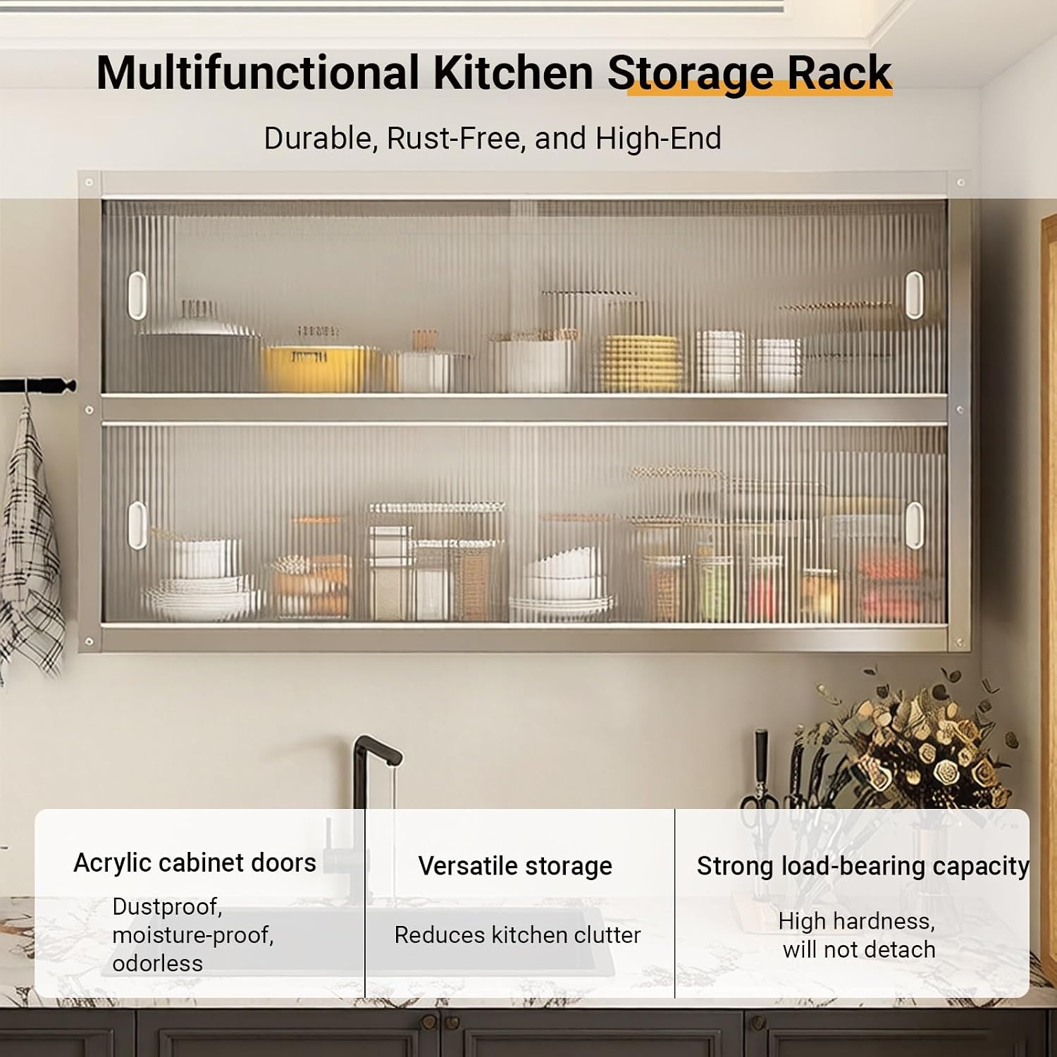 Wall Cabinet with Doors, Kitchen Wall Cabinets Storage with Sliding Doors, Wall Mounted Kitchen Cabinet Organizer for Spices, Medicine, Pantry, Heavy Duty Wall Storage Cabinets with Doors and Shelves