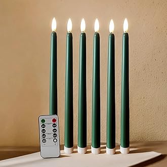 Green Flameless Taper Candles with Remote Timer, Flickering Battery Operated LED Candlesticks Set of 6