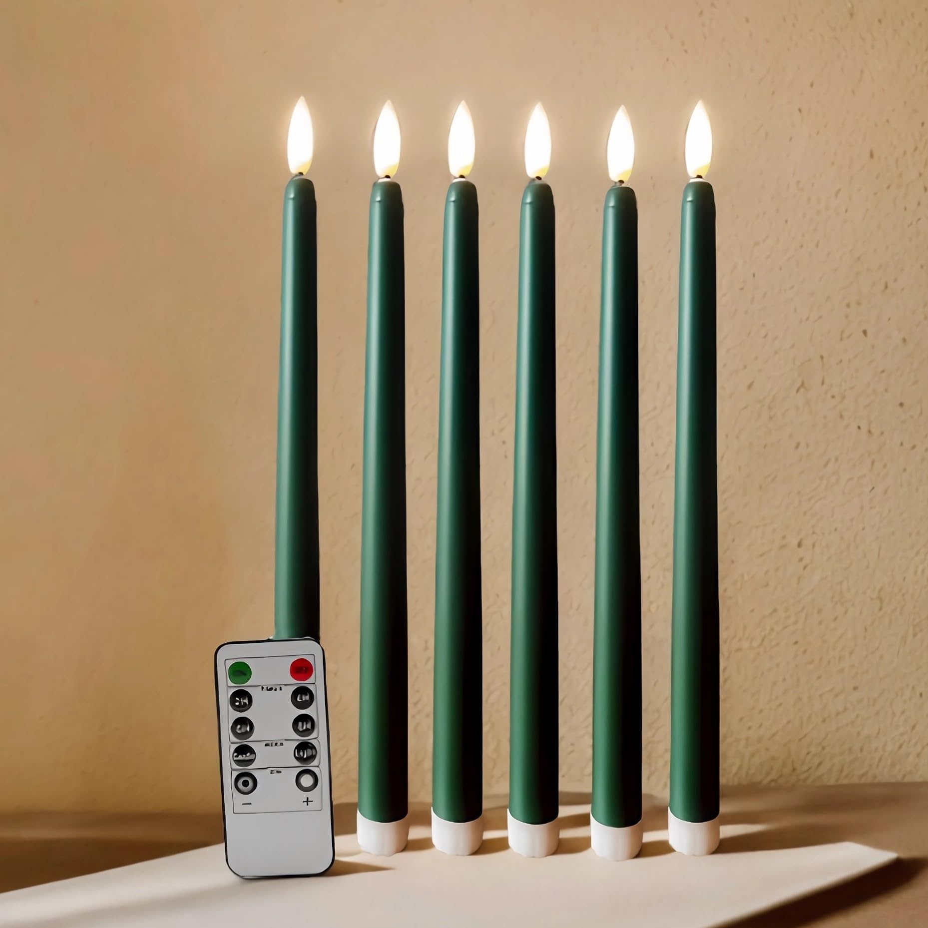 Green Flameless Taper Candles with Remote Timer, Flickering Battery LED Candlesticks Spring Home Decor Set of 6