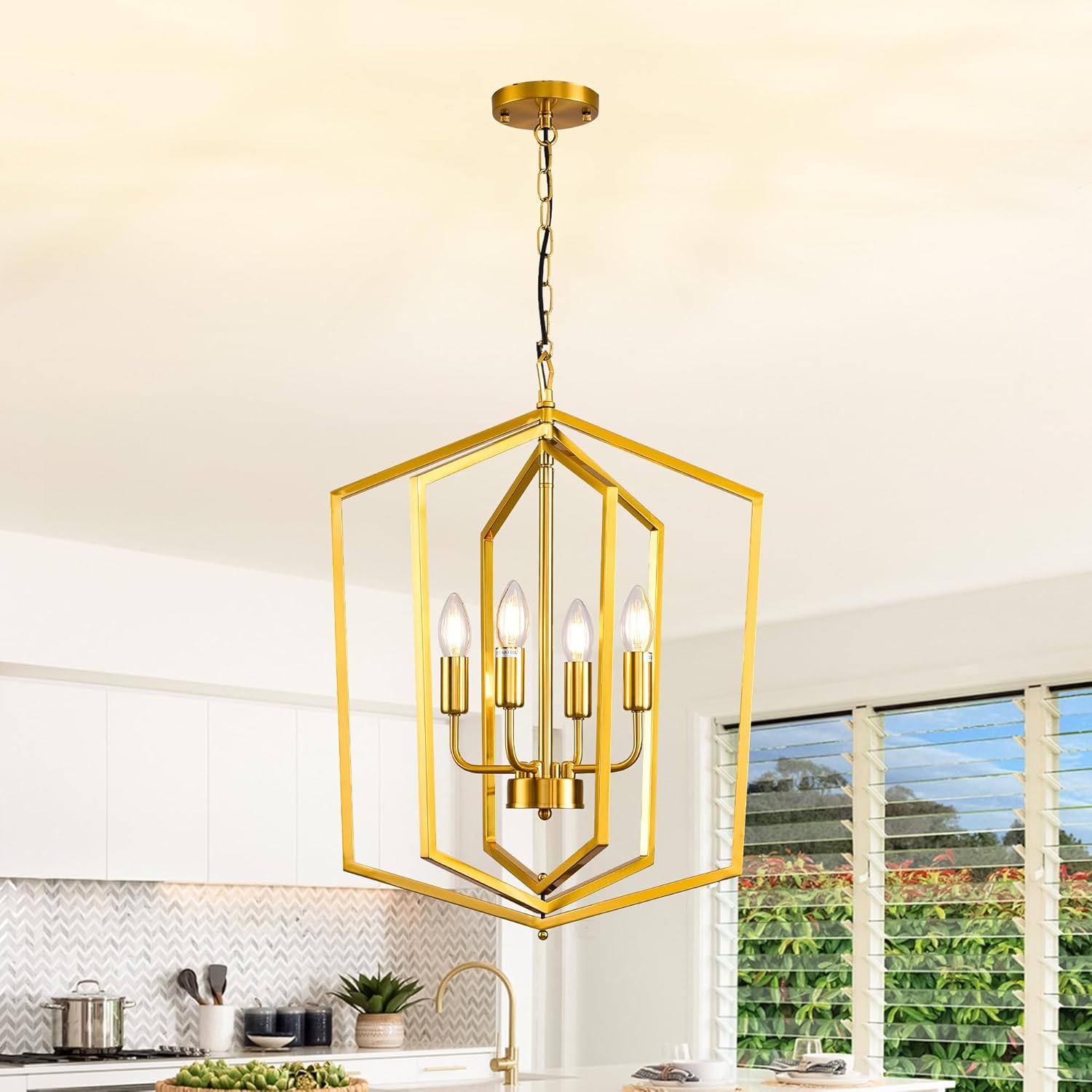 4 Light Farmhouse Gold Chandelier, Industrial Pendant Light Kitchen Island, Lantern Chandelier with Metal Cage, Rustic Geometric Hanging Light for Dining Room Entryway Staircase Gold 4-Light