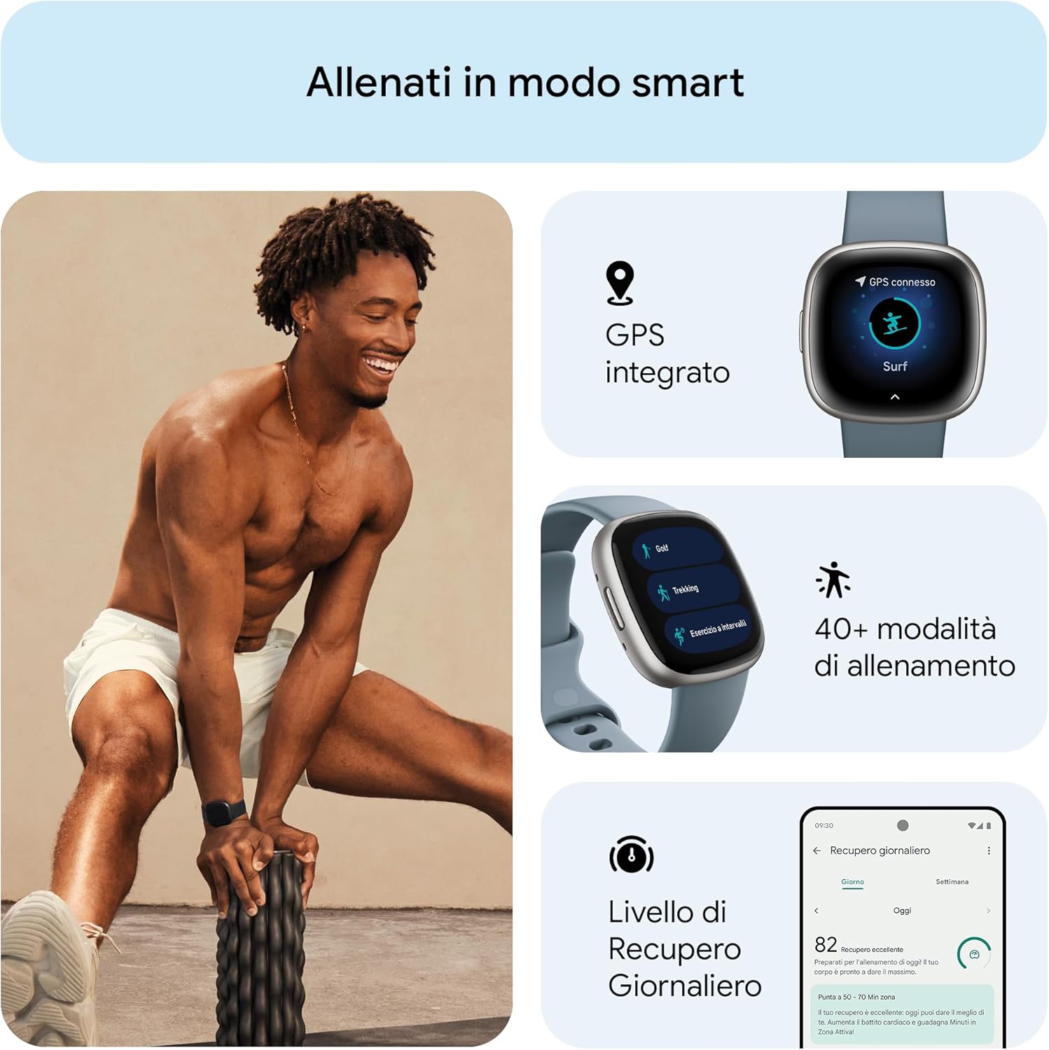 Collage showing fitness features: a person stretching, GPS icon on watch, watch displaying 40+ workout modes, and a daily recovery score screen.