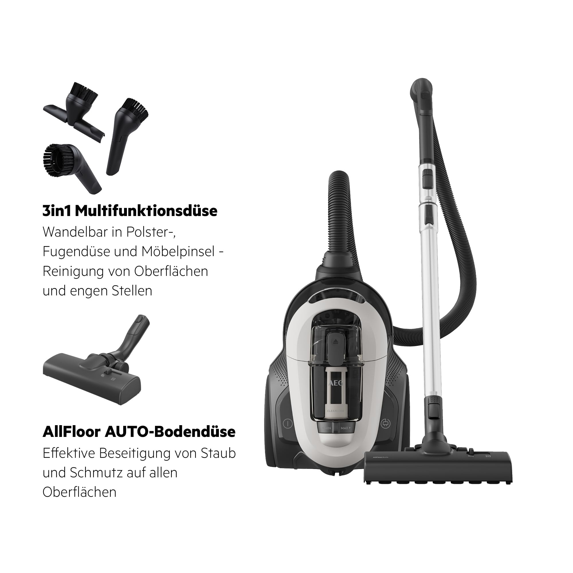 AEG CLEAN 6000 Staubsauger Beutellos, Starke Zyklontechnologie 700 W, AllFloor Bodendüse, 6-stufige Filtration - hygienisch saubere Luft, 1,6 l Staubbehälter, 12 m Aktionsradius, 73 dB, Weiß, AL61C2SW