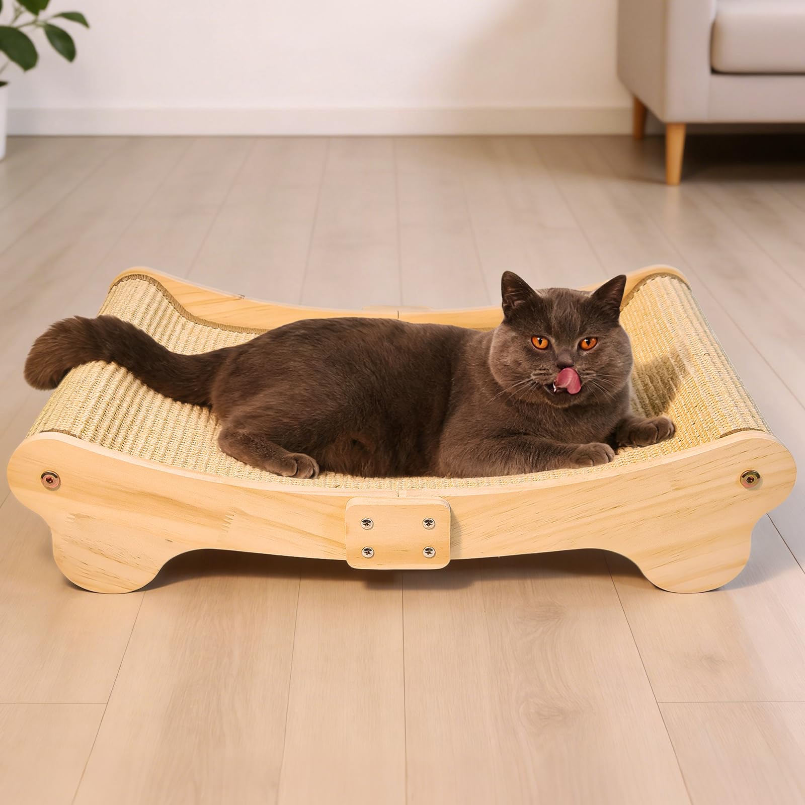 DONWEI Rascador para Gatos Sisal, Cama para Gatos Madera, Diseño Curvo de 160°, Tapete Sisal Natural, Tamaño Grande 60 x 37 x 14 cm, Sofá Rascador, Protector de Muebles