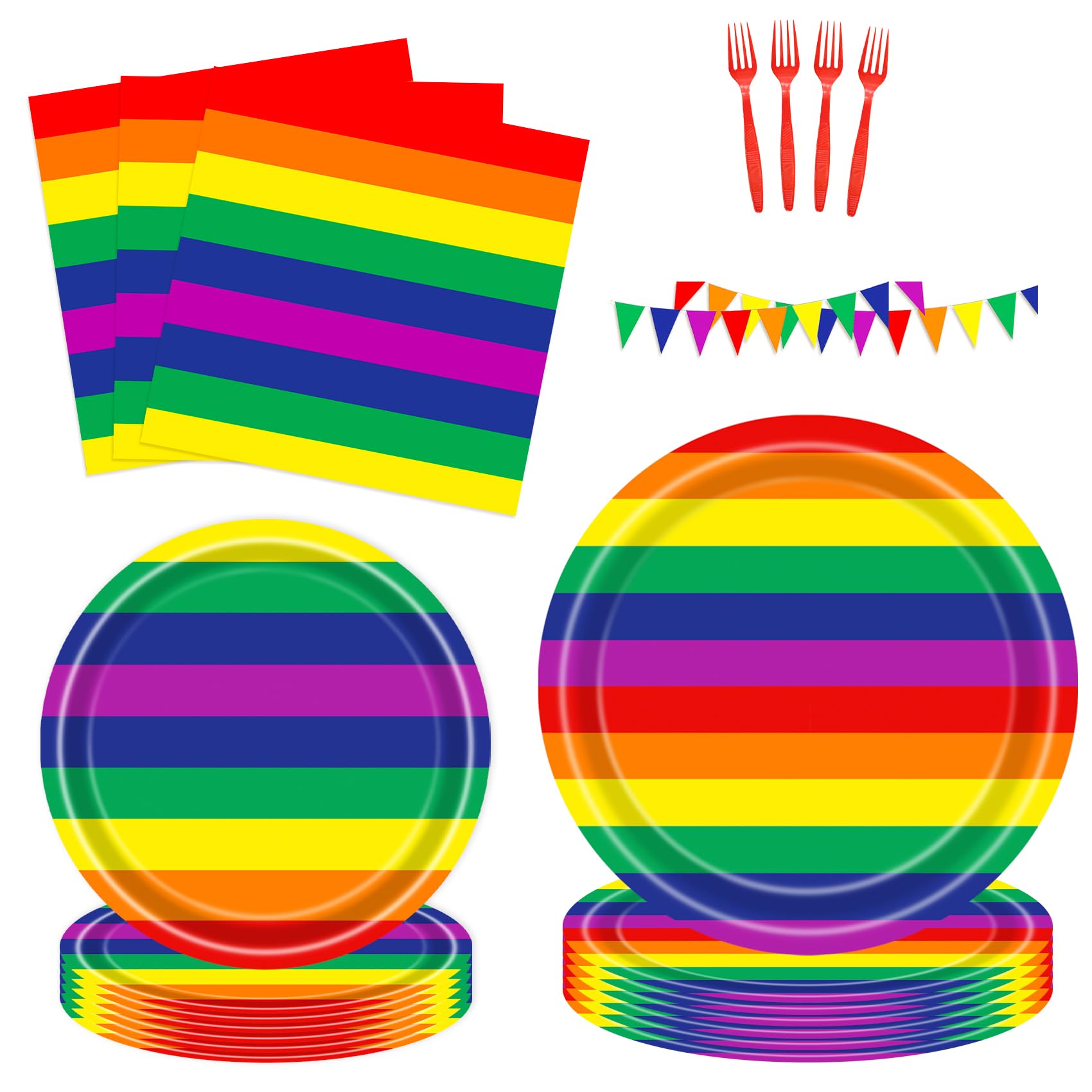 Rainbow Theme Party Kit for 24 Guests - 97 Pcs Including Plates, Forks, Napkins, Bunting - Vibrant Decor for Kids' Birthdays and Rainbow Celebrations