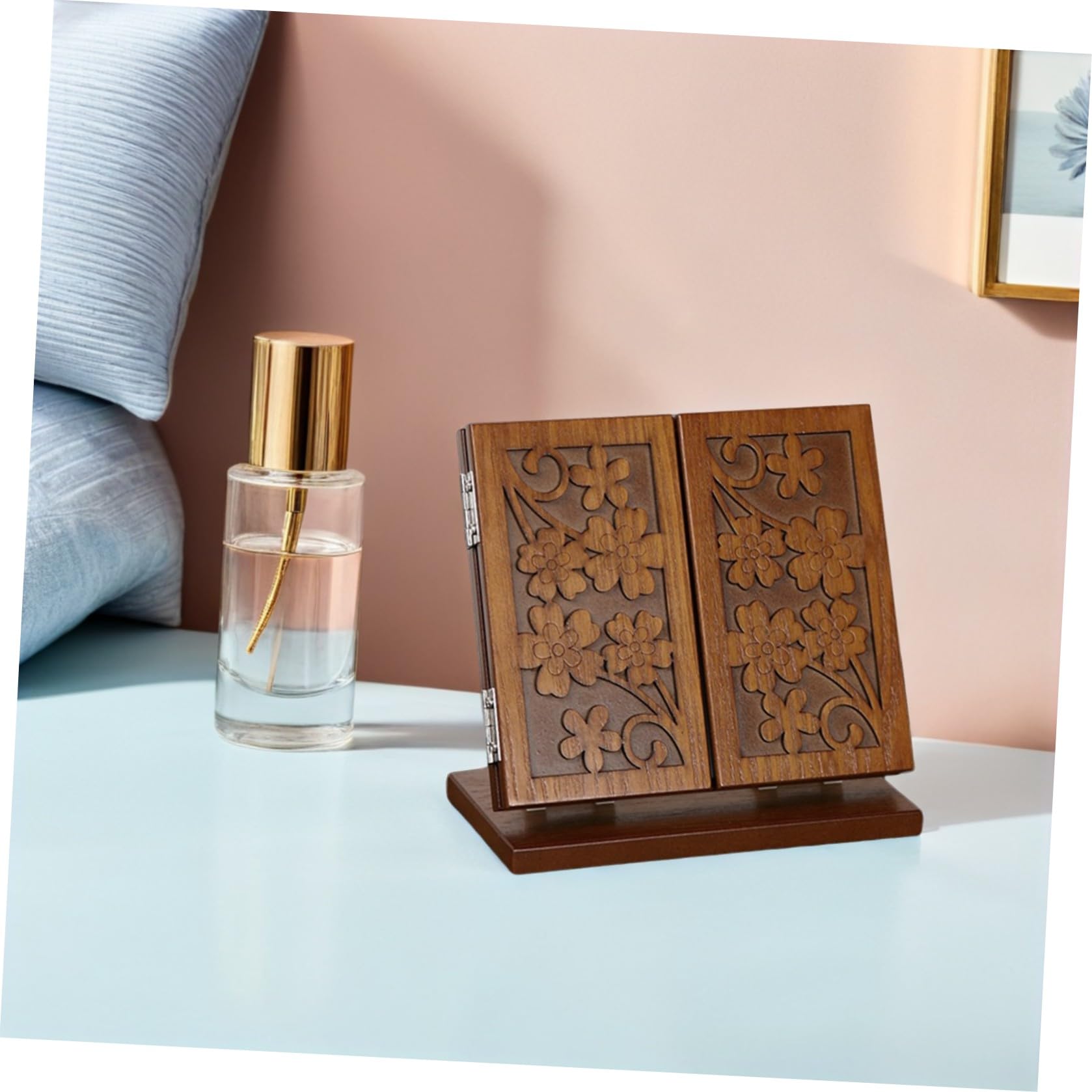 Healeved Espejo de Maquillaje de Madera Superficie de Espejo Clara y Estable Plegable Diseño Tallado en Forma de Flor, Estructura de Tres Caras para Tocador
