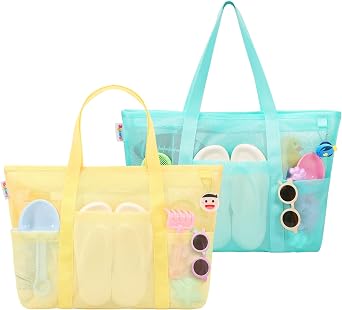 Tagitary Large Mesh Beach Bag with Zipper and 8 Pockets, Yellow & Blue, Waterproof Sandproof, Summer, Unisex-Families