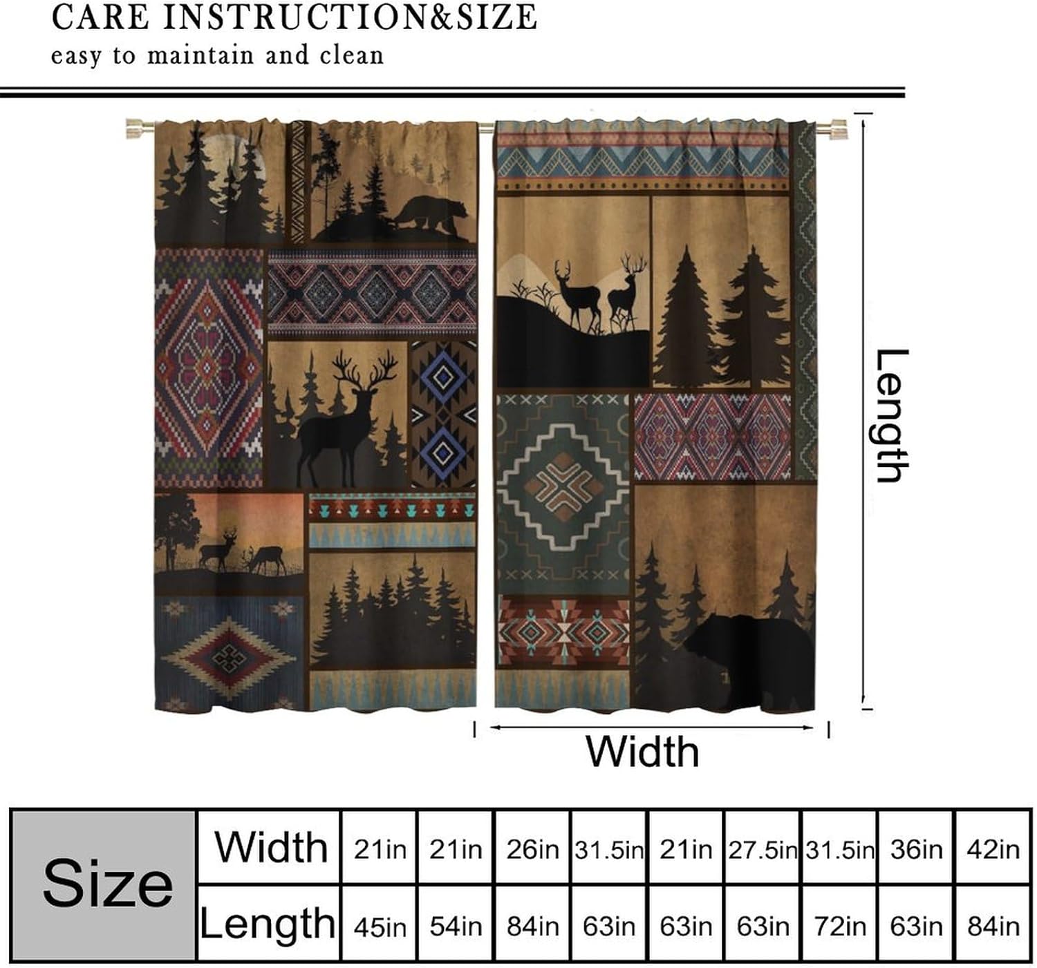 Rustic Cabin Bear Aztec Curtains, Retro Brown Bear Rustic Theme Geometry Decoration for Living Room Bedroom Home 2 Panels 42x54 Inch